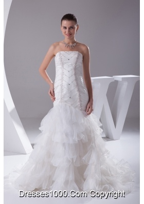 Mermaid Beading Ruffled Layers Brush Train Wedding Dress