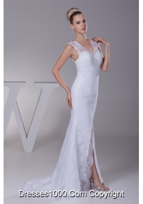 Mermaid V-neck High Slit Brush Train Wedding Dress