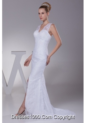 Mermaid V-neck High Slit Brush Train Wedding Dress