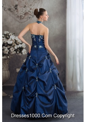 Navy Blue Halter Top Beading Appliques A-line Quinceanera Dress