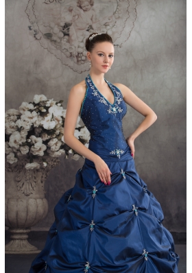 Navy Blue Halter Top Beading Appliques A-line Quinceanera Dress