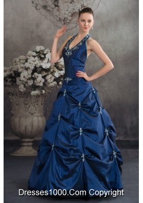 Navy Blue Halter Top Beading Appliques A-line Quinceanera Dress