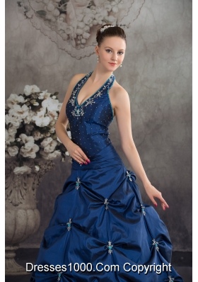 Navy Blue Halter Top Beading Appliques A-line Quinceanera Dress