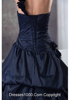 Navy Blue One Shoulder Hand Made Flowers Quinceanera Dress