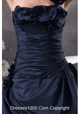 Navy Blue One Shoulder Hand Made Flowers Quinceanera Dress