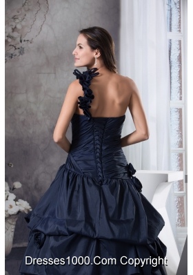 Navy Blue One Shoulder Hand Made Flowers Quinceanera Dress