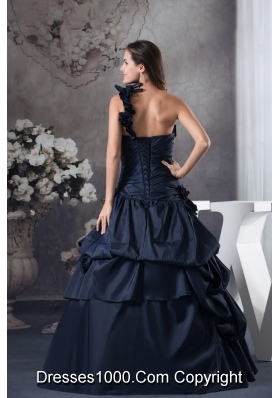 Navy Blue One Shoulder Hand Made Flowers Quinceanera Dress