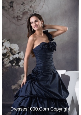 Navy Blue One Shoulder Hand Made Flowers Quinceanera Dress