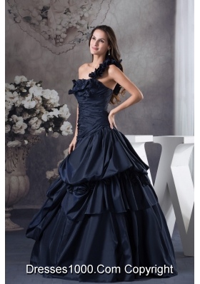 Navy Blue One Shoulder Hand Made Flowers Quinceanera Dress