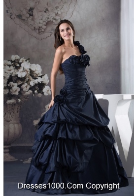 Navy Blue One Shoulder Hand Made Flowers Quinceanera Dress