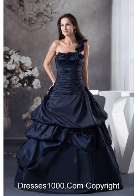 Navy Blue One Shoulder Hand Made Flowers Quinceanera Dress
