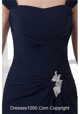 Navy Blue Straps Column Appliques Long Prom Dress