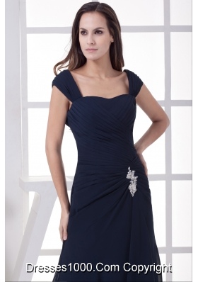 Navy Blue Straps Column Appliques Long Prom Dress