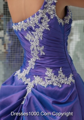 One Shoulder Appliques Purple Long A-line Quinceanera Dress