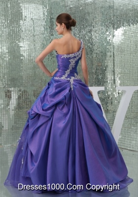 One Shoulder Appliques Purple Long A-line Quinceanera Dress