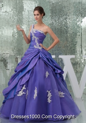 One Shoulder Appliques Purple Long A-line Quinceanera Dress