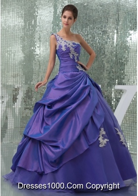 One Shoulder Appliques Purple Long A-line Quinceanera Dress