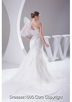 One Shoulder Mermaid Sash Brush Train Wedding Dress