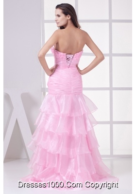 Pink High Slit Sweetheart Ruching and Ruffles Layers Prom Dress