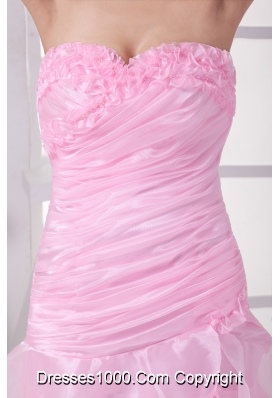 Pink High Slit Sweetheart Ruching and Ruffles Layers Prom Dress