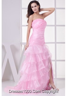 Pink High Slit Sweetheart Ruching and Ruffles Layers Prom Dress