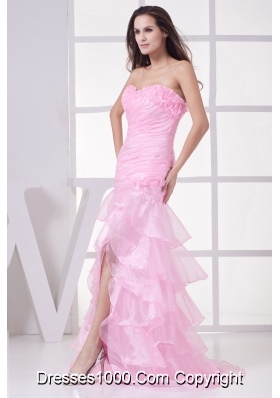 Pink High Slit Sweetheart Ruching and Ruffles Layers Prom Dress