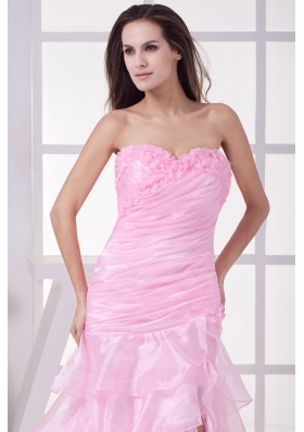 Pink High Slit Sweetheart Ruching and Ruffles Layers Prom Dress