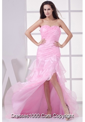 Pink High Slit Sweetheart Ruching and Ruffles Layers Prom Dress