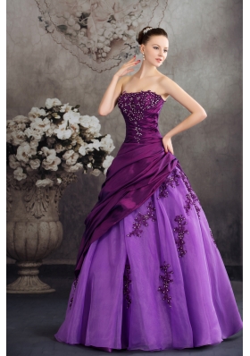 Purple Quanceanera Dress with Appliques Ball Gown Strapless