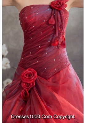 Red One Shoulder Hand Made Flowers A-line Prom Dress