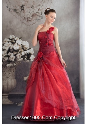 Red One Shoulder Hand Made Flowers A-line Prom Dress