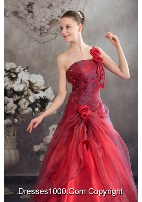 Red One Shoulder Hand Made Flowers A-line Prom Dress