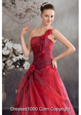 Red One Shoulder Hand Made Flowers A-line Prom Dress