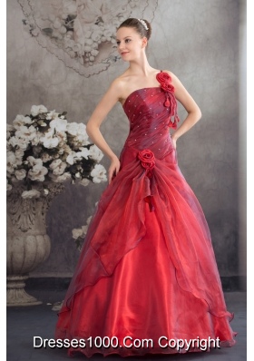 Red One Shoulder Hand Made Flowers A-line Prom Dress