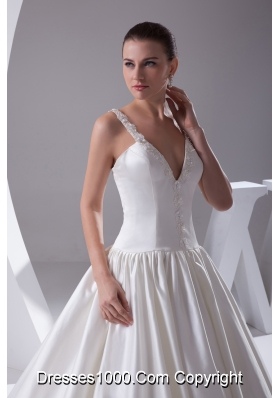 Romantic A-Line Straps Court Train Satin Beading Wedding Dress