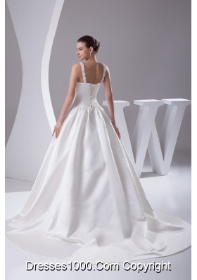 Romantic A-Line Straps Court Train Satin Beading Wedding Dress