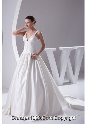 Romantic A-Line Straps Court Train Satin Beading Wedding Dress