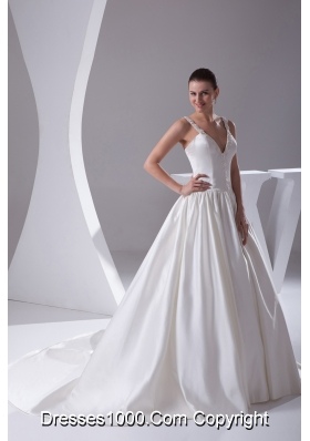 Romantic A-Line Straps Court Train Satin Beading Wedding Dress