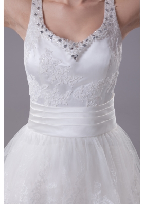 Ruffled Layers Lace Brush Train Column Scoop Wedding Dress