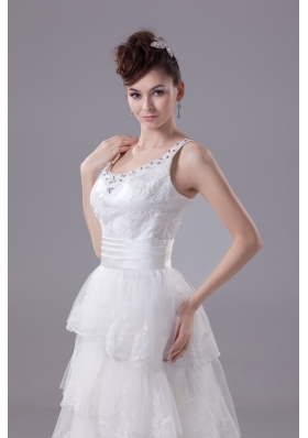 Ruffled Layers Lace Brush Train Column Scoop Wedding Dress