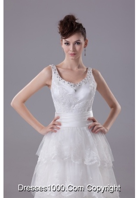 Ruffled Layers Lace Brush Train Column Scoop Wedding Dress