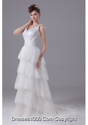 Ruffled Layers Lace Brush Train Column Scoop Wedding Dress