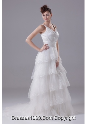 Ruffled Layers Lace Brush Train Column Scoop Wedding Dress