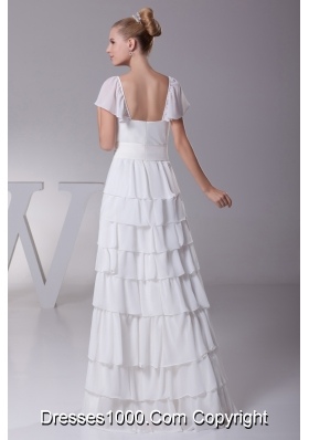 Ruffled Layers Sash V-neck Cap Sleeves Wedding Dress