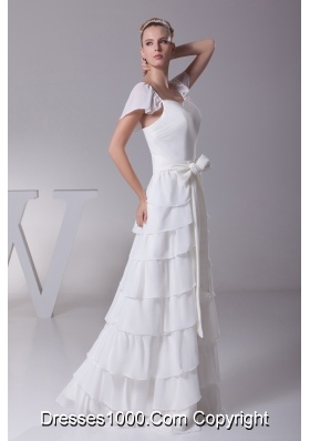 Ruffled Layers Sash V-neck Cap Sleeves Wedding Dress