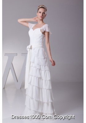 Ruffled Layers Sash V-neck Cap Sleeves Wedding Dress