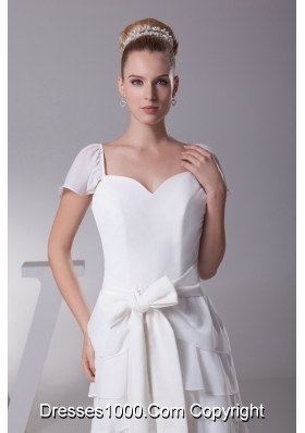 Ruffled Layers Sash V-neck Cap Sleeves Wedding Dress