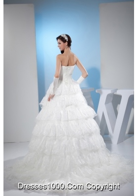 Ruffled Layers Sweetheart A-line Court Train Wedding Dress with Lace