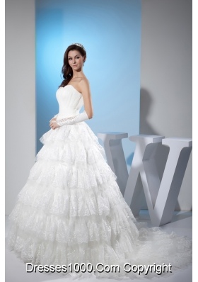 Ruffled Layers Sweetheart A-line Court Train Wedding Dress with Lace