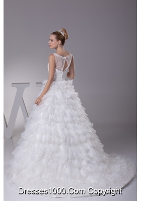 Ruffles and Appliques A-Line Court Train Scoop Wedding Dress